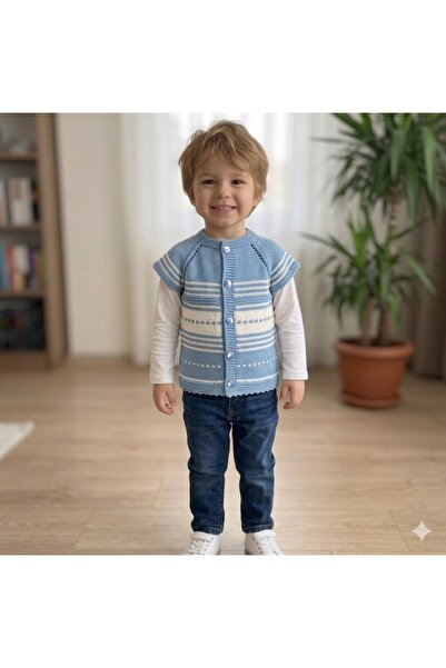 MOJOMIX Dikişsiz El Örgüsü Mavi Bebek Yeleği