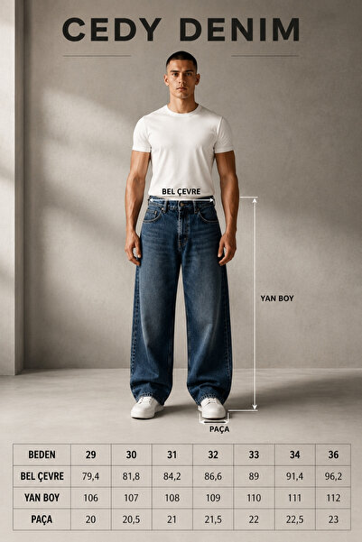 CEDY DENIM Erkek Yüksek Kalite Baggy Fit Jean Yüksek Bel Bol Kesim Kot Pantolon C352-Buz-mavi