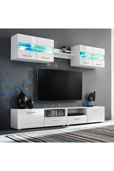 Concept Set comodă TV de perete, 5 piese, lumini LED, alb lucios