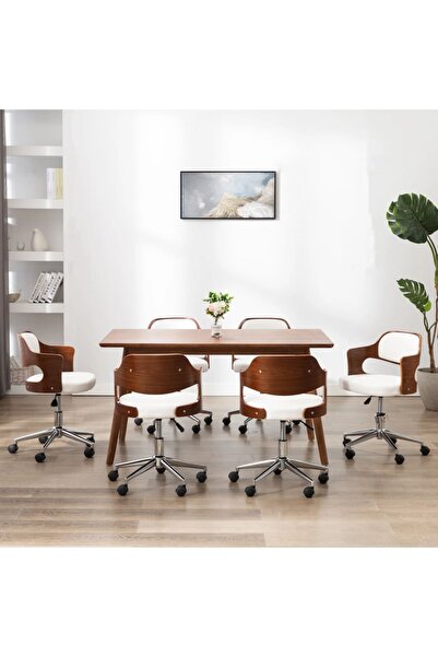 Concept Scaune pivotante de masă, 6 buc., alb, lemn curbat & piele