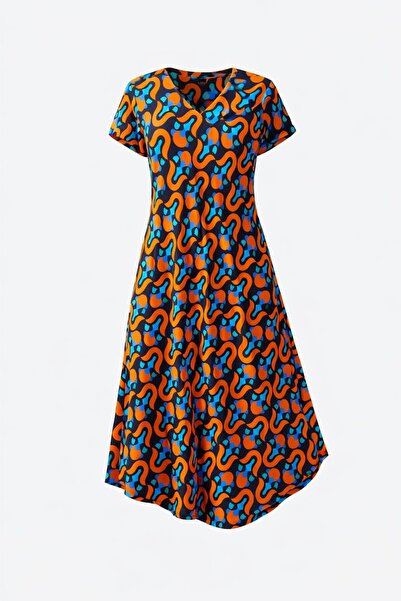 Sobe Hediyelik Orange Patterned V-Neck Casual Summer Dress – Asymmetrical Cut...