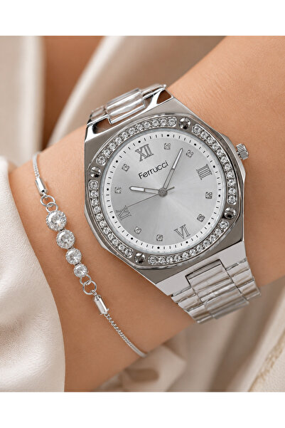 Ferrucci Silver Color Dial Zircon Stone Steel Band Women's Wristwatch with Br...