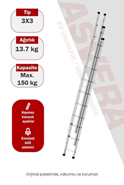 ASVERA Endüstriyel 9 Metre 3 Parçalı Alüminyum Merdiven - 1.4 mm Sürgülü Prof...