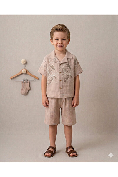 NS ATEİLER Muslin Double Boy's Set 100% Cotton Oversize Comfortable Summer Sh...