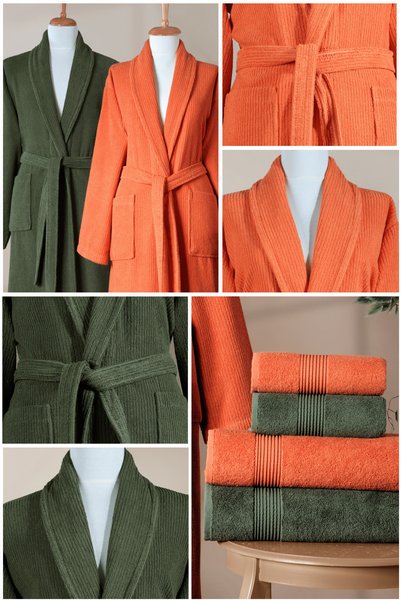 Ellaline 6 Piece Striped Bathrobe Set 100% Cotton Certified, Şalyaka Family Dowry Bathrobe Set Green Orange