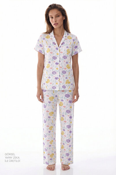 Penti Set de pijamale cu cămașă și pantaloni Off-White Blossom