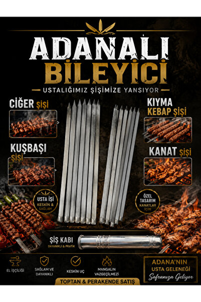 Adanalı bileyici Şiş Mangal Seti 60cm,10 Kıyma Kebap Şişi,10 Kanat Şişi,10 Ku...