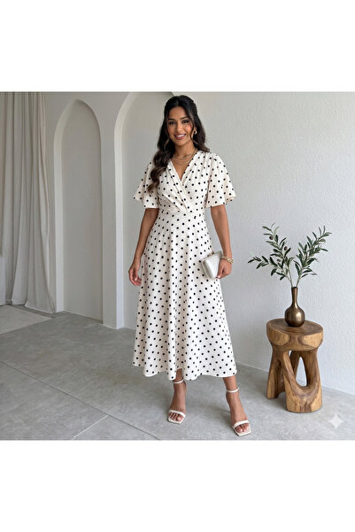 tülaybutik فستان نسائي متوسط الطول بأكمام مكشكشة ومنقط