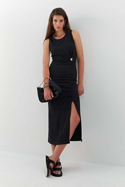 MARKALİSTE Buckle Gathered Slit Midi Dress Black