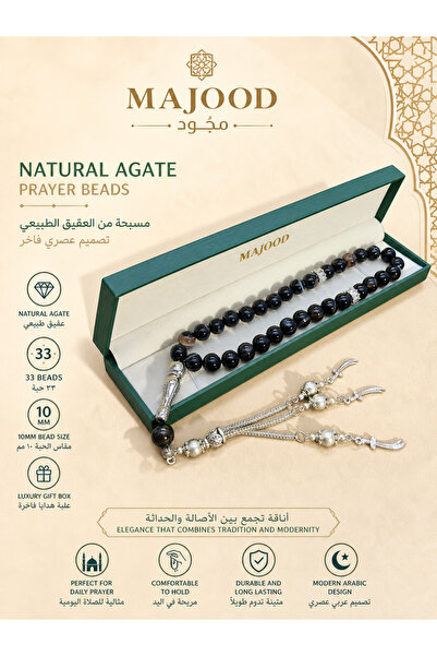 MAJOOD 33 Real White Line Black Agate Prayer Beads/Tasbih/10MM/For Men And Wo...