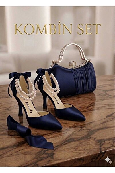 Famels Low Heel Shoes Navy Blue Satin Evening Dress Shoes and Rhinestone Even...