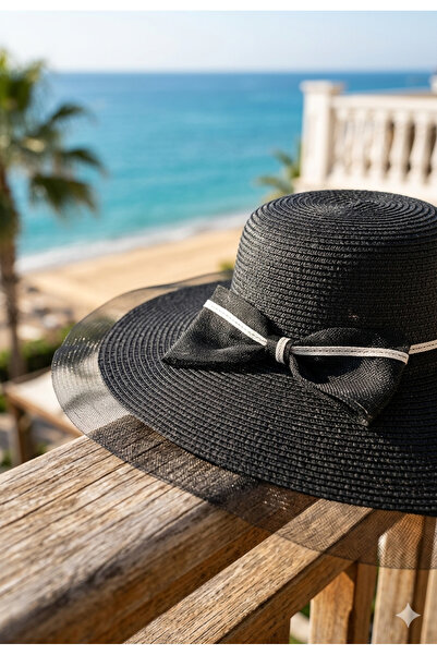 Bohemian Black Straw Women's Beach Hat - Wide Brim, Tulle Brim and Bow Detail