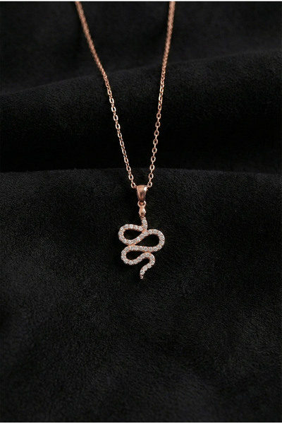 Roza Silver 925 Ayar Zirkon Taşlı Rose Yılan Gümüş Kolye
