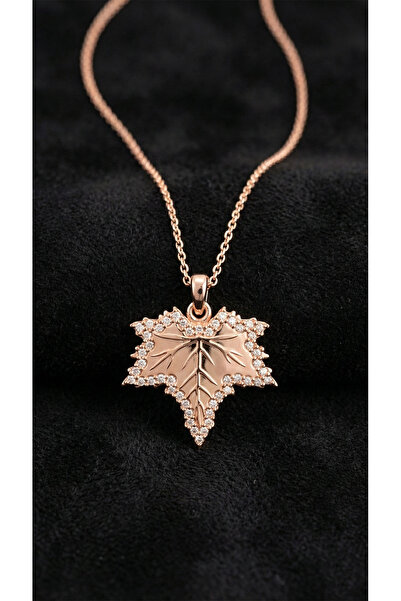 Roza Silver 925 Ayar Zirkon Taşlı Rose Çınar Yaprağı Gümüş Kolye