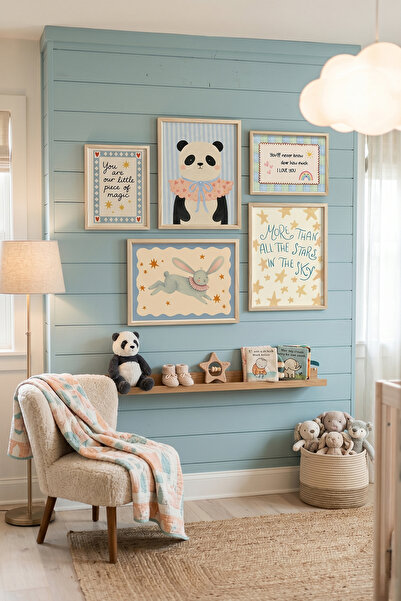 Artiera Little Panda Stars Temalı Bebek ve Çocuk Odası 5’li Çerçeveli Tablo Seti