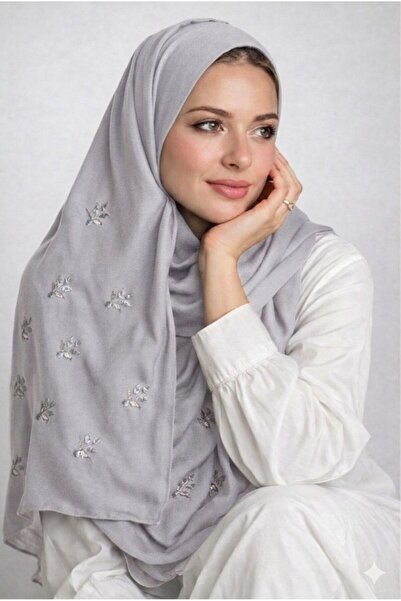 Veil Designer Gray Patterned with Gray Embroidery and Fluted Trim on Both Sid...