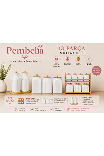 Pembelia Life 13 Parça Porselen Bambu Standlı 2li Papatya Yağdanlık,3’lü Kava...