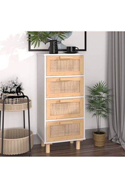 Concept Servantă, alb, 40x30x90 cm, lemn masiv pin și ratan