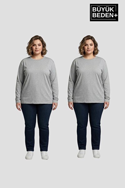 Süperlife Women's Plus Size 2-Piece Set Long Sleeve 2 Thread Crew Neck T-Shir...