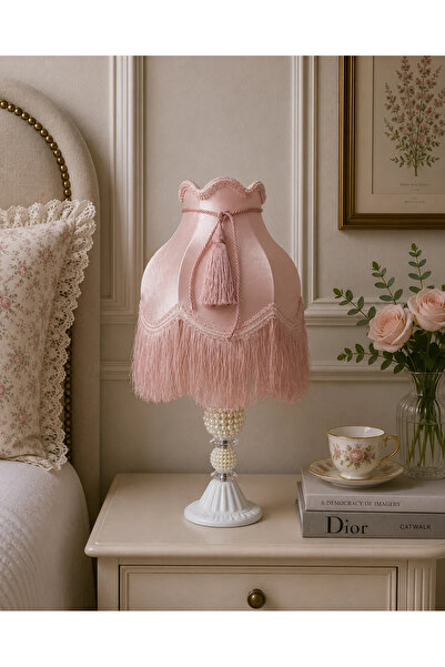 Dekovien Kadife Kaplı Halat Dekorlu Pudra Pembe Vintage Abajur AB012245 Diğer