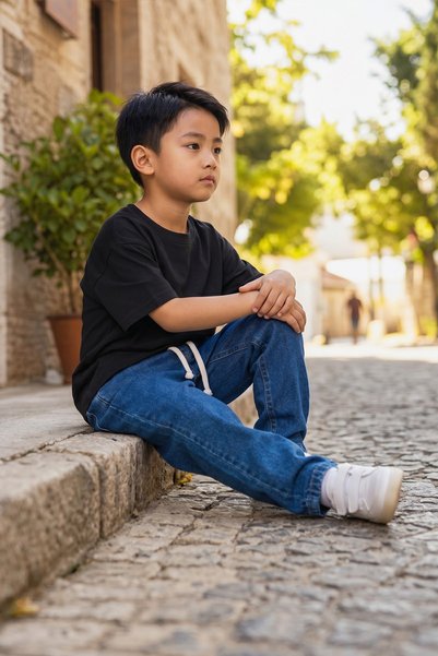poozkids Boy's Relaxed Fit Navy Blue Denim Jean Trousers with Tie at the Waist