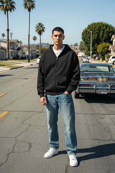 Runades Siyah 3 Iplık Erkek Fermuarlı Kapşonlu Sweatshirt Hırka