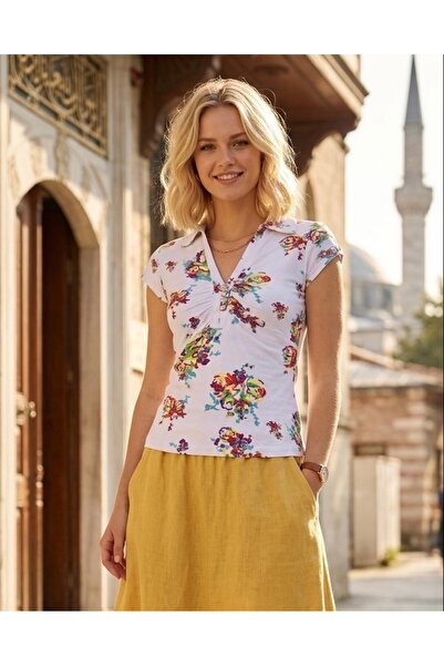 ICEFIELDS Stone Detailed Slim Fit Women's T-Shirt - V-Neck