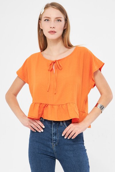 armonika Bluză crop de damă, portocalie, cu mâneci liliac, guler cu șnur și volane, supradimensionată - Arm-24Y001088