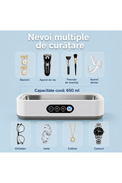 OEM Curățător cu ultrasunete YM X81, 650 ml, 45 kHz, 40 W, cronometru digital 720s, control tactil, pentru bijuterii, ochelari, ceasuri și accesorii, alb