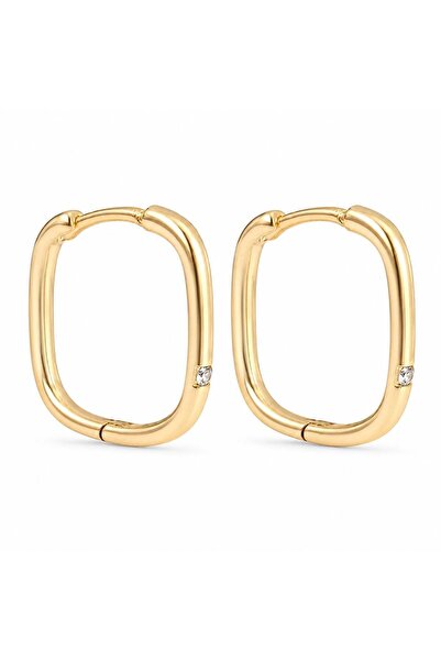 Zeino Zirkon Tektaş Detaylı Kare Halka Küpe - 14K Altın Kaplama - 2 cm