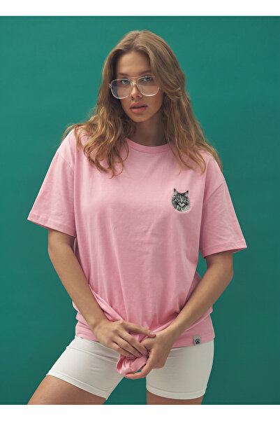 Trampoline Pink Cat Embroidered Oversized T-Shirt – Relaxed Fit, Stylish Desi...