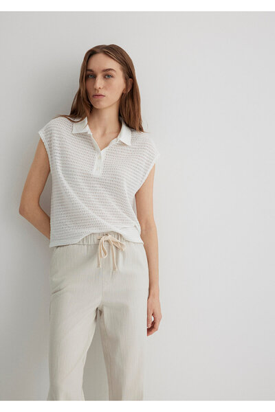 Mavi Beyaz Örme Polo Tişört Loose Fit / Bol Rahat Kesim 1612654-70057