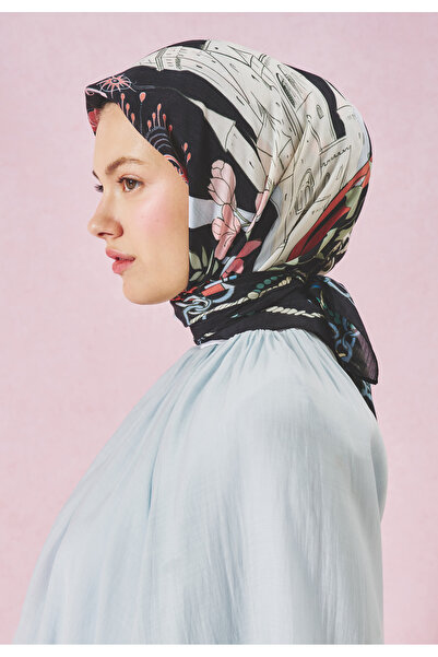Freshscarfs Μαύρο Κασκόλ Βισκόζης με Σχέδιο Παραμυθένιου Κάστρου