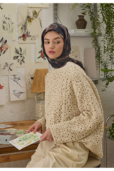 Freshscarfs Rosalıe Desen Pamuk İpek Eşarp Lacivert