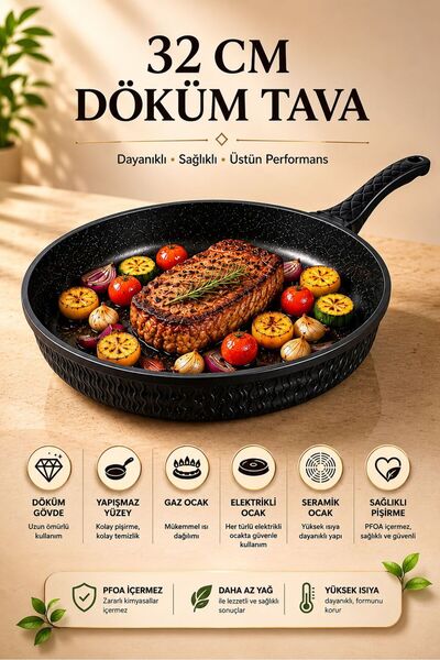 LAVONNI Round 32 cm Cast Granite Pan Black – Non-Stick Coating, Large Cooking...