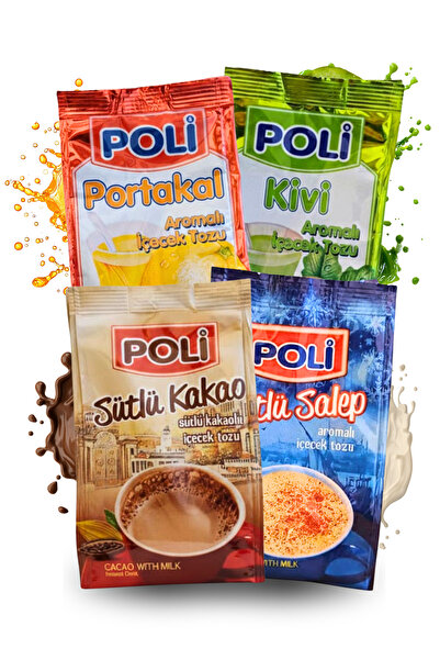 POLI Sıcak Çikolata, Salep, Portakal ve Kivi Aromalı İçecek Tozu (4'lü Set)