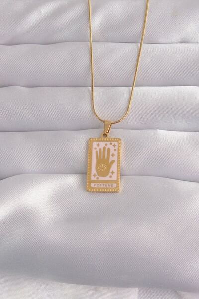 Toptan Bulurum 316L Steel Gold Color Pink Enameled Hand Figure Tarot Necklace