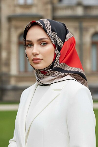 Vissona % 57 İPEK % 43 VİSKON Twill İpek Geometrik Desenli Siyah - Kırmızı Re...
