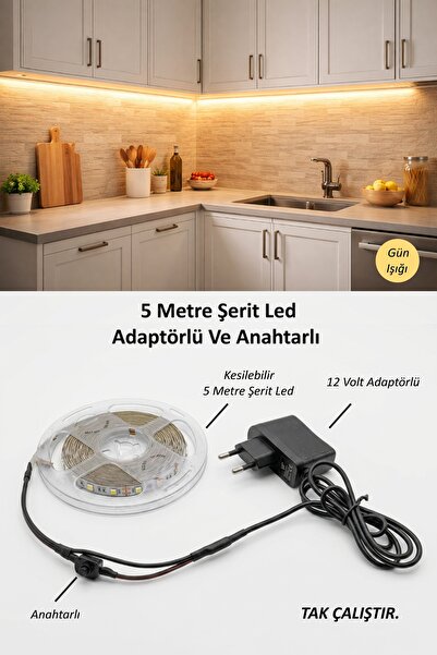 LitaLine Mutfak Dolabı Tezgah Üstü Için 5 Metre Gün Işığı Şerit Led Işık Adap...