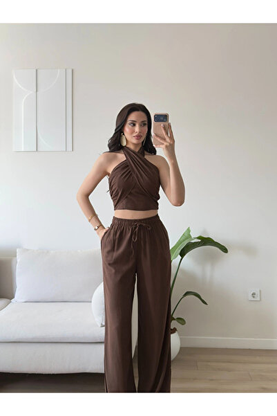 Zoom Butik Keten Halter İkili Takım - KAHVE