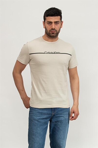 Calvin Klein Erkek Yuvarlak Yaka Şerit Logo Baskılı Kısa Kollu Bej T-Shirt K1...