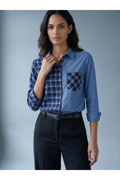 FARREN Women's Blue Asymmetrical Patterned Shirt – Dualine Fit |   100% Cotton |   Long Form |   Daily Elegance