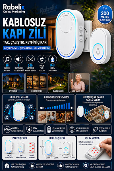harry Kablosuz Su Geçirmez Led Işıklı Kapı Zili Yüksek Sesli Uzun Mesafeli 39...