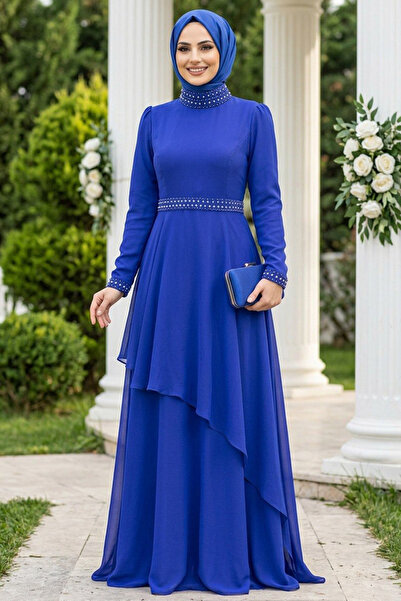 Neva Style İnci Detaylı Sax Mavisi Tesettür Abiye Elbise 22223SX