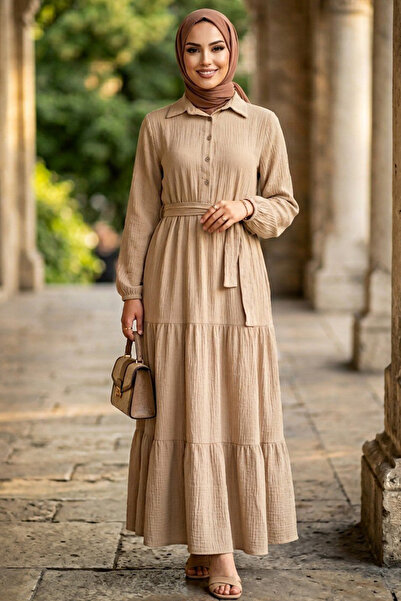N.S NEVA STYLE Rochie plisată în straturi, kaki deschis, cu strasuri 27624AHK