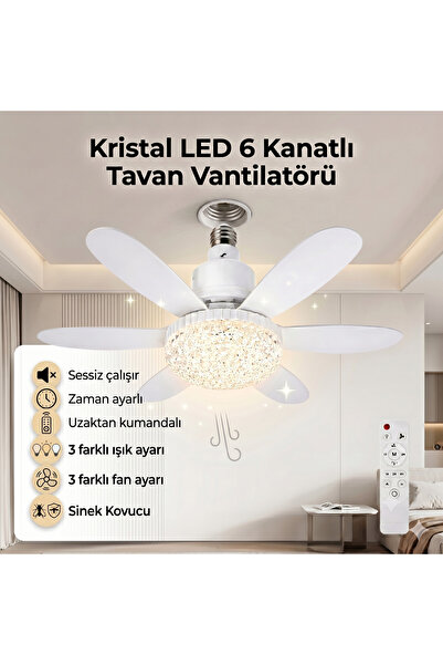zinnuren Kristal LED Lambalı Ampul Tavan Vantilatörü 6 Kanatlı Uzaktan Kumand...
