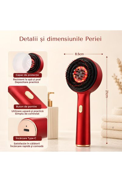 Omaly Perie Masaj Scalp, HairSpa Brush, Terapie LED Infrarosu, Aplicator Tratamente și Uleiuri, 3 Moduri, cu Timer 10 min, Tratament Anticadere Păr, Stimulează creșterea, Rezistent la apa IPX7