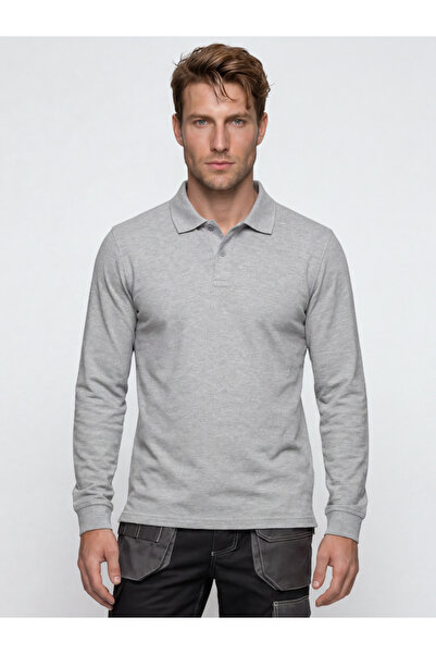 RELAXIA Men's Gray Melange Long Sleeve Polo Collar Business T-Shirt 100% Cott...