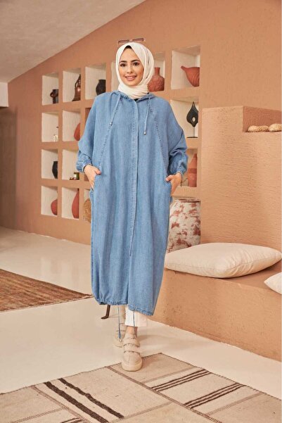 Neways 6465-denim albastru tunică liliac cu glugă