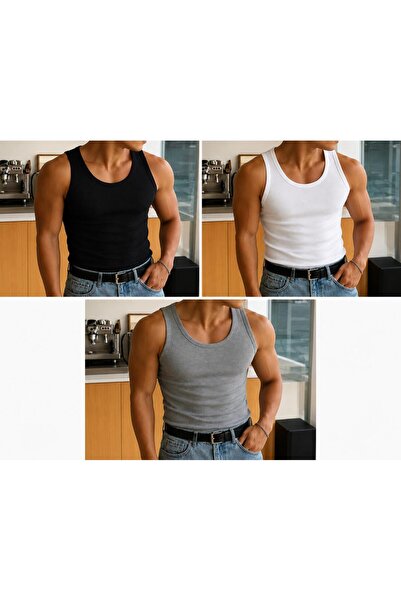 gamaro Erkek 3 lü Halter Yaka penye kaşkorse fitted kalıp Sporcu Likralı Atlet